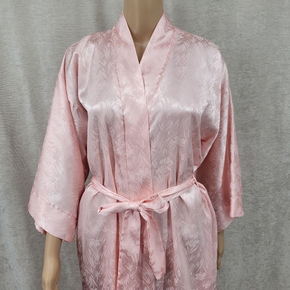 Dior Vintage Pink Satin Kimono Robe All Over Dior Logo and Floral Jacquard - Picture 4 of 14